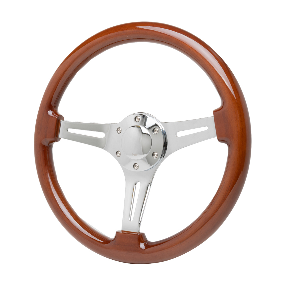 Racing Power Company R5868 Steering Wheel, 14 in Diameter, 1-1/2 in Dish, 3-Spoke, Wood Grip, Steel, Chrome, Each