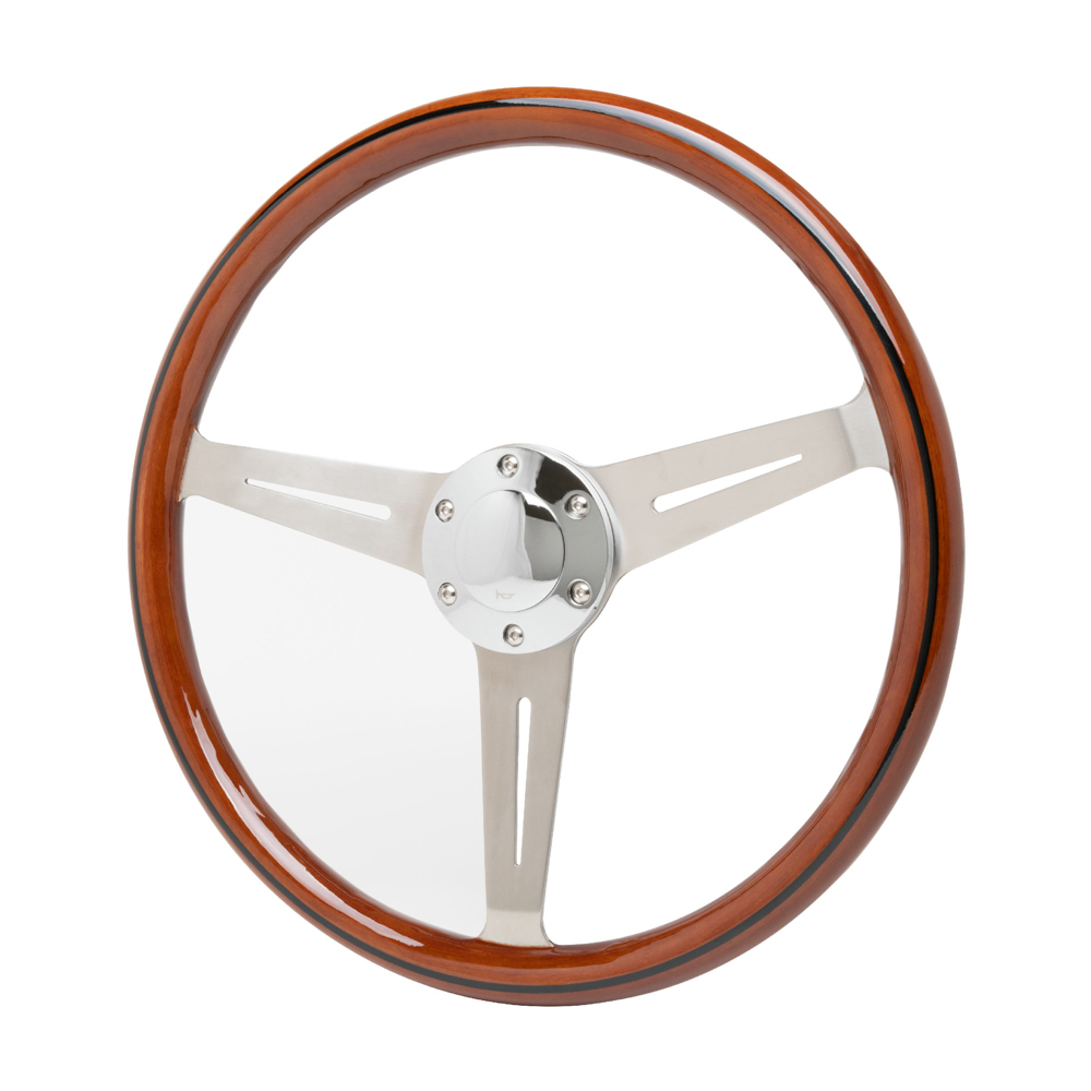 Racing Power Company R5872 Steering Wheel, 15 in Diameter, 1-1/2 in Dish, 3-Spoke, Wood Grip, Stainless, Brushed, Each