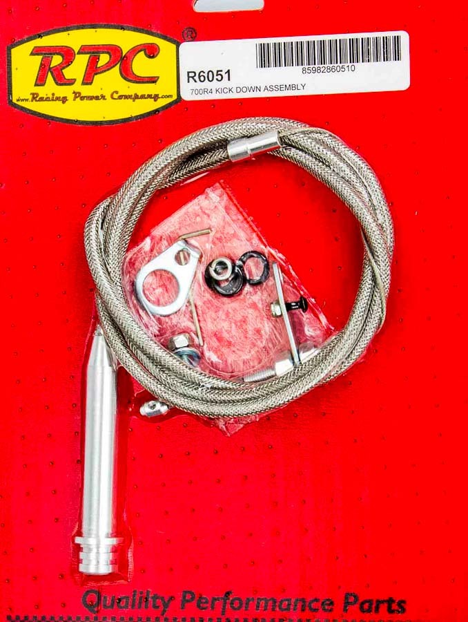 Racing Power Company R6051 Kickdown Cable, Adjustable Length, Braided Stainless Housing, Aluminum Fittings, Natural, 200R4 / 700R4, Kit