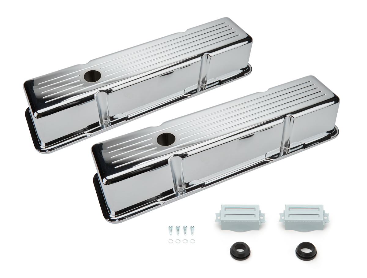 Racing Power Company R6130C Valve Cover, Tall, 3-11/16 in Height, Baffled, Breather Holes, Grommets Included, Ball Milled, Aluminum, Chrome, Small Block Chevy, Pair