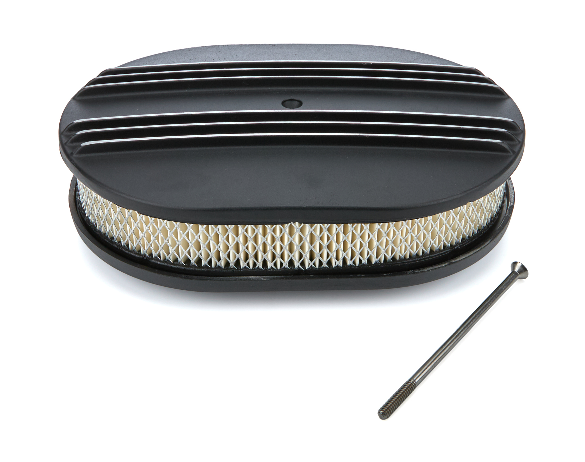 Air Cleaner Assembly - 12 in Oval - 2 in Tall - 5-1/8 in Carb Flange - Raised Base - Finned - Aluminum - Black Powder Coat - Kit