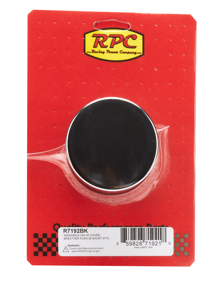 Racing Power Company R7192BK Breather, Push-In, Round, 1-1/4 in Hole, Reusable, Steel, Chrome, Each