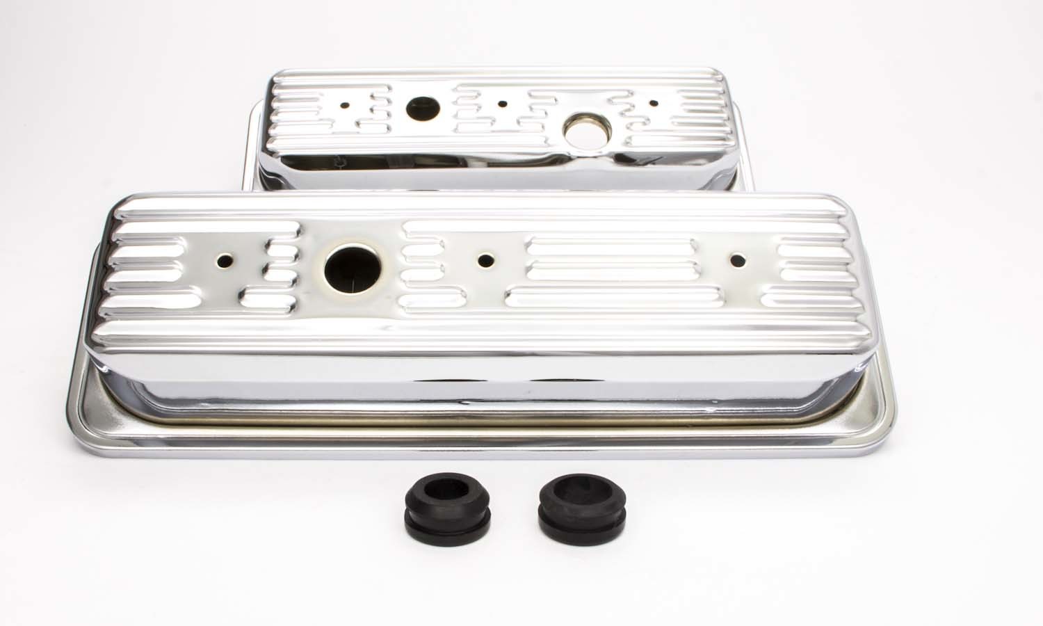 Racing Power Company R7458 Valve Cover, Short, 2-1/2 in Height, Baffled, Breather Holes, Grommets Included, Steel, Chrome, GM V6, Pair