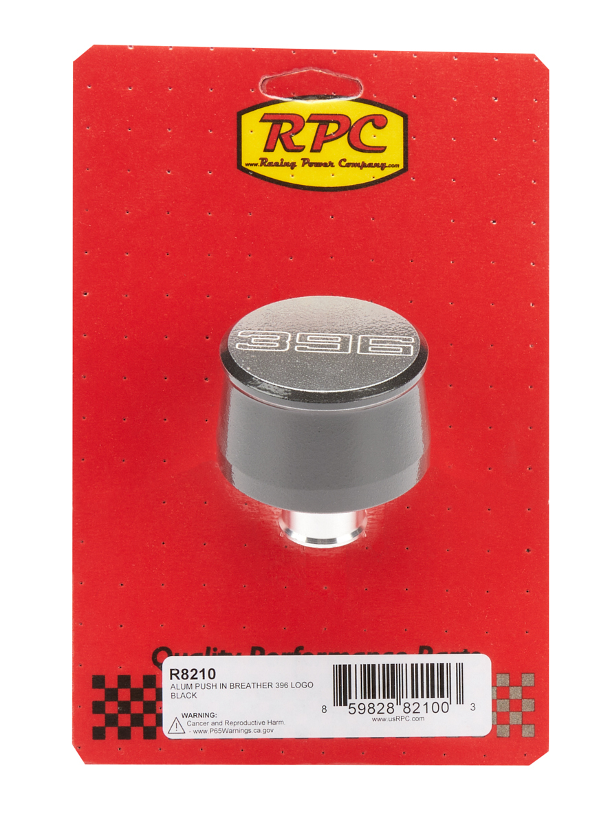 Racing Power Company R8210 Breather, Push-In, Round, 1-1/4 in Hole, 396 Script Logo, Aluminum, Black Powder Coat, Each