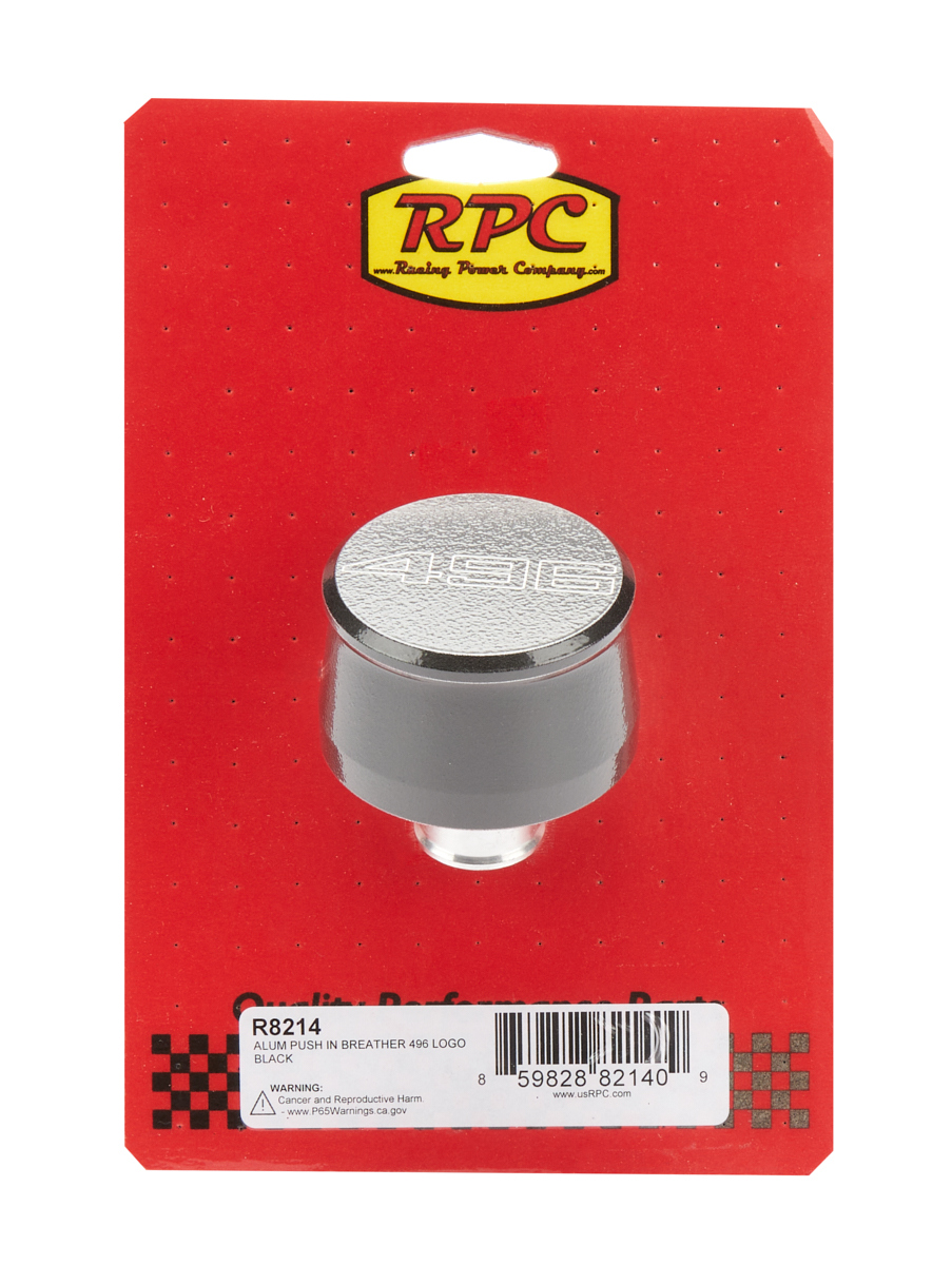 Racing Power Company R8214 Breather, Push-In, Round, 1-1/4 in Hole, 496 Script Logo, Aluminum, Black Powder Coat, Each