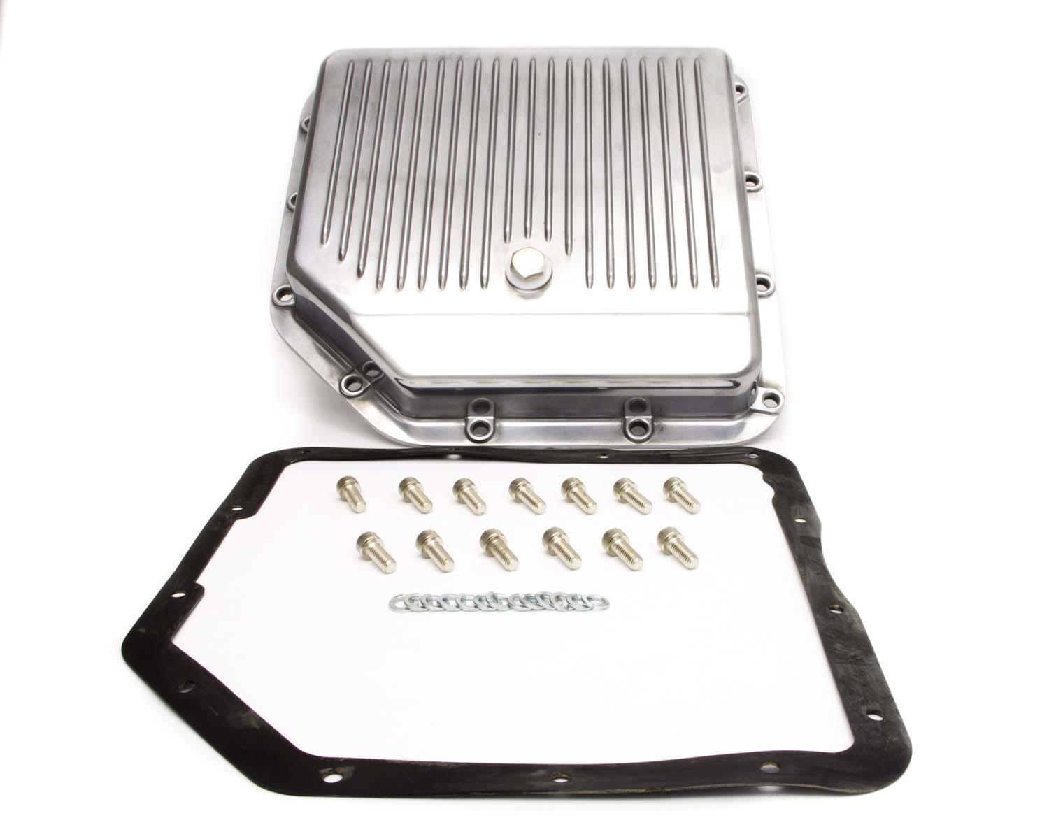 Racing Power Company R8491 Transmission Pan, Stock Depth, Finned, Aluminum, Polished, TH350, Each