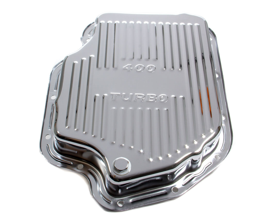 Racing Power Company R9121 Transmission Pan, Stock Depth, Ribbed, Steel, Chrome, TH400, Each