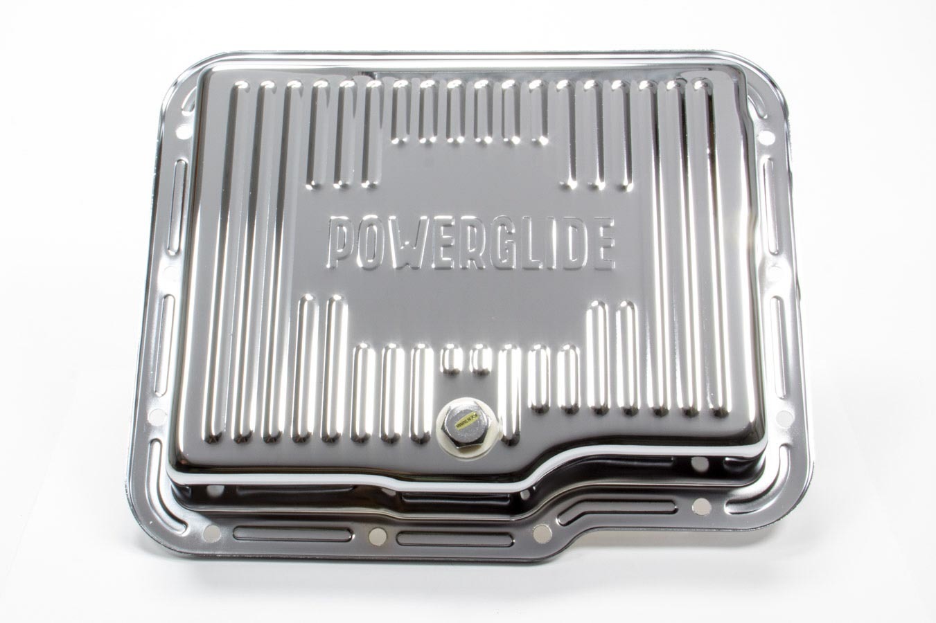 Racing Power Company R9124 Transmission Pan, Stock Depth, Ribbed, Steel, Chrome, Powerglide, Each