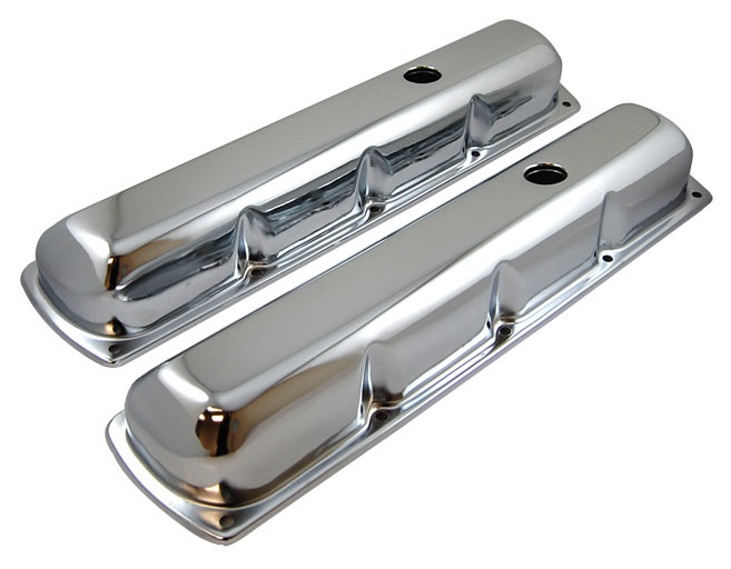 Racing Power Company R9395 Valve Cover, Tall, 3-3/8 in Height, Baffled, Breather Holes, Steel, Chrome, Oldsmobile V8, Pair