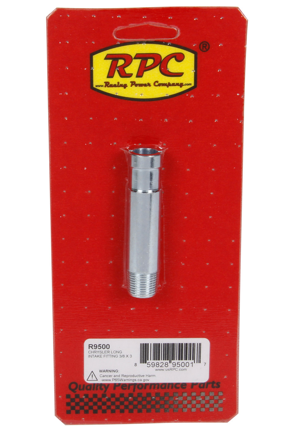 Racing Power Company R9500 Fitting, Adapter, Straight, 3 in Long, 3/8 in NPT Male to 3/8 in Hose Barb, Steel, Chrome, Each