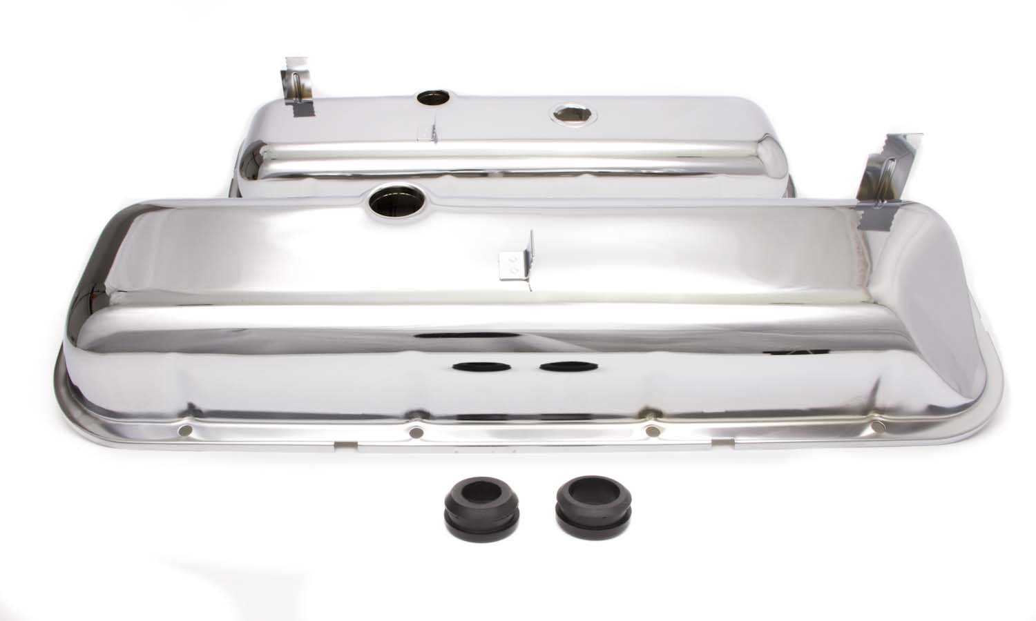 Racing Power Company R9504 Valve Cover, Short, 2-5/8 in Height, Breather Holes, Recessed Corner, Steel, Chrome, Big Block Chevy, Pair