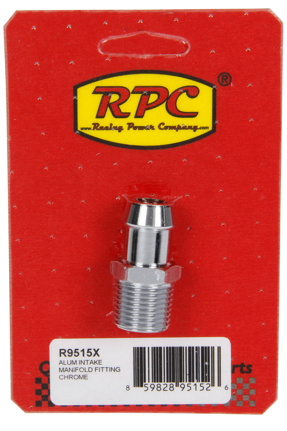 Racing Power Company R9515X Fitting, Adapter, 5/8 in Hose Barb to 1/2 in NPT, 9 In Long, Aluminum, Chrome, Each