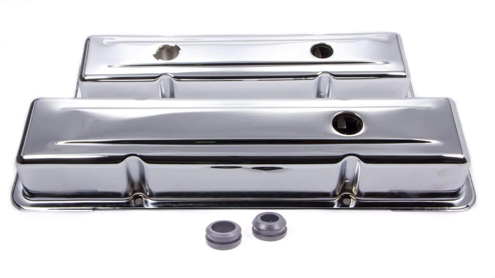 Racing Power Company R9518 Valve Cover, Short, 2-5/8 in Height, Baffled, Breather Holes, Grommets Included, Steel, Chrome, Small Block Chevy, Pair