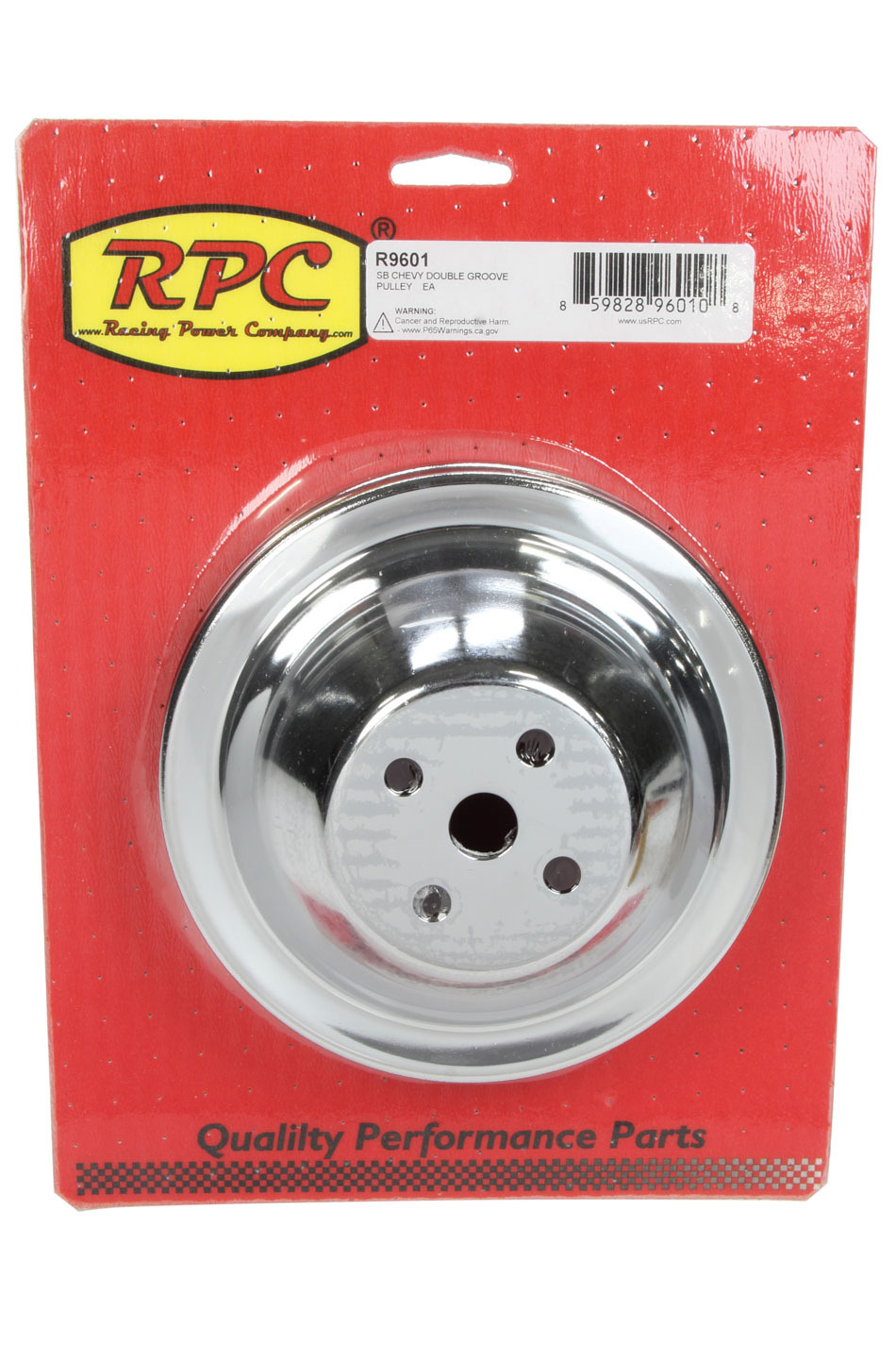Racing Power Company R9601 Water Pump Pulley, V-Belt, 2 Groove, 6.400 in Diameter, Steel, Chrome, Short Water Pump, Small Block Chevy, Each
