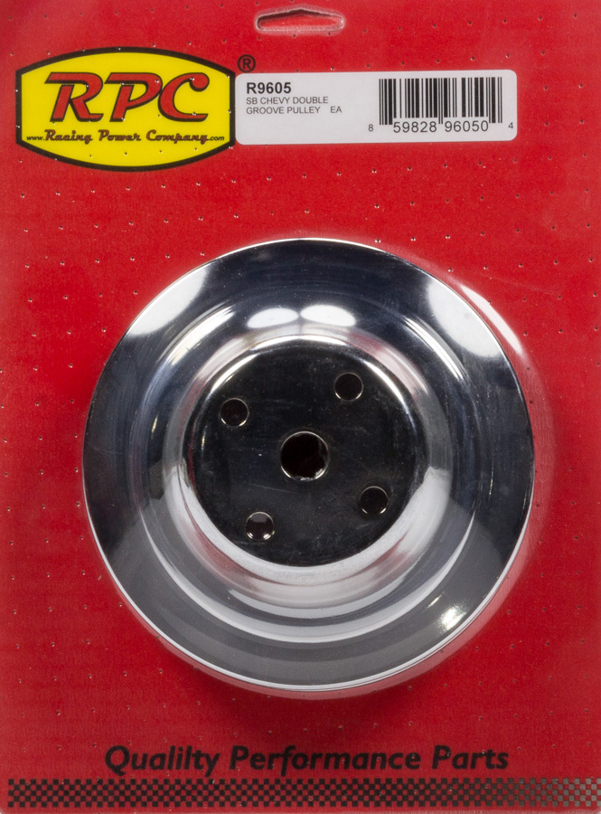 Racing Power Company R9605 Water Pump Pulley, V-Belt, 2 Groove, 6.600 in Diameter, Steel, Chrome, Long Water Pump, Small Block Chevy, Each