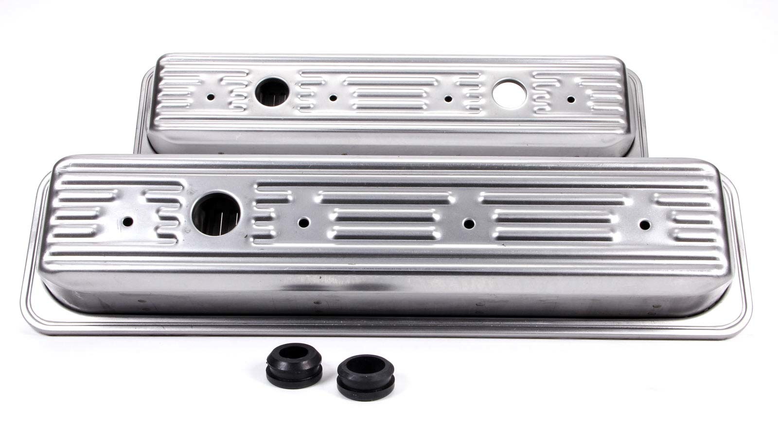Racing Power Company R9702RAW Valve Cover, Short, 2-3/8 in Height, Baffled, Breather Holes, Grommets Included, Steel, Natural, Center Bolt, Small Block Chevy, Pair