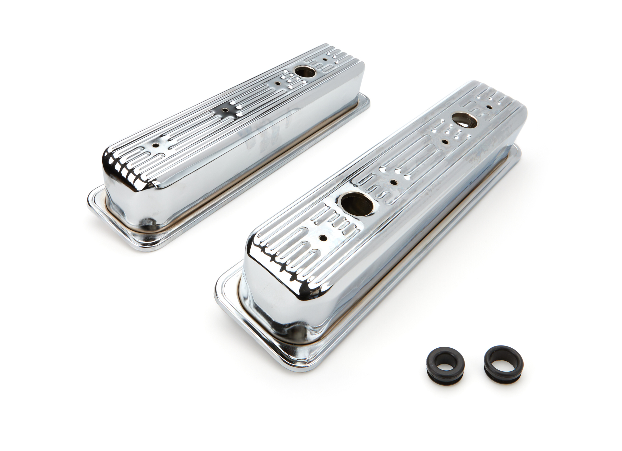 Valve Cover - Tall - Ribbed - Baffled - Breather Holes - Grommets Included - Steel - Chrome Plated - Small Block Chevy - Pair