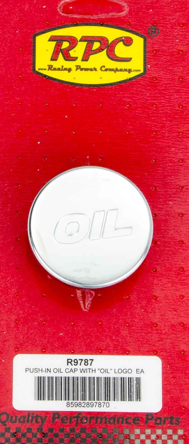 Racing Power Company R9787 Oil Fill Cap, Push-In, Round, 1-1/4 in Valve Cover Hole, Oil Logo, Steel, Chrome, Each