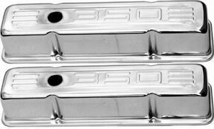 Racing Power Company R9841 Valve Cover, Tall, 3-5/8 in Height, Baffled, Breather Holes, Grommets Included, 350 Logo, Steel, Polished, Small Block Chevy, Pair