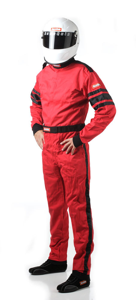 Racequip 110012 Driving Suit, 110 Series, 1-Piece, SFI 3.2A/1, Single Layer, Fire Retardant Cotton, Red / Black Stripe, Small, Each