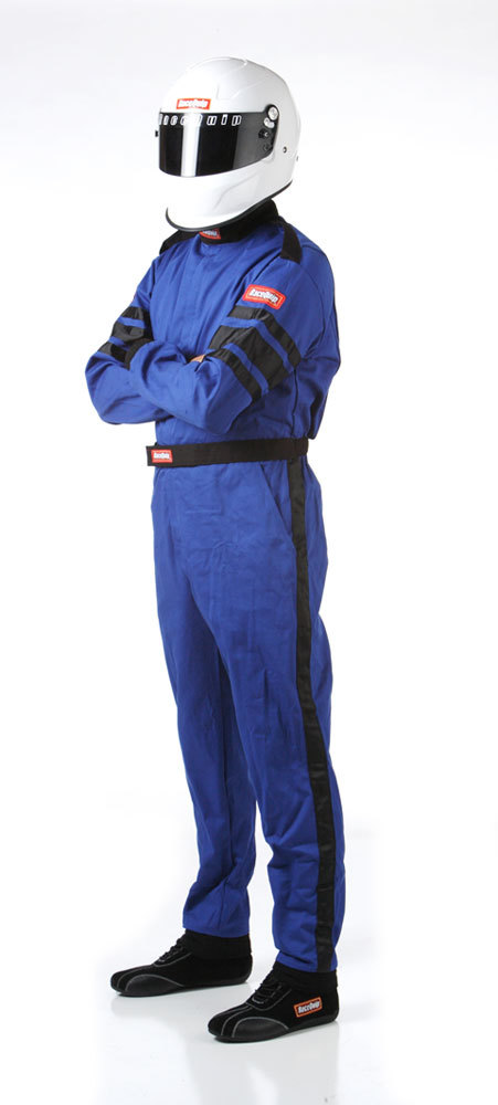 Racequip 110022 Driving Suit, 110 Series, 1-Piece, SFI 3.2A/1, Single Layer, Fire Retardant Cotton, Blue / Black Stripe, Small, Each