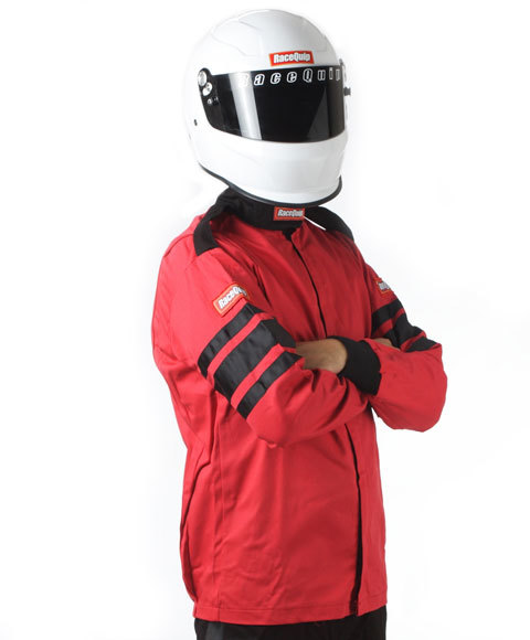 Racequip 111015 Driving Jacket, 110 Series, SFI 3.2A/1, Single Layer, Fire Retardant Cotton, Red / Black Stripe, Large, Each
