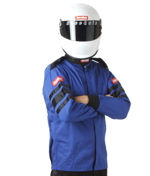 Racequip 111023 Driving Jacket, 110 Series, SFI 3.2A/1, Single Layer, Fire Retardant Cotton, Blue / Black Stripe, Medium, Each