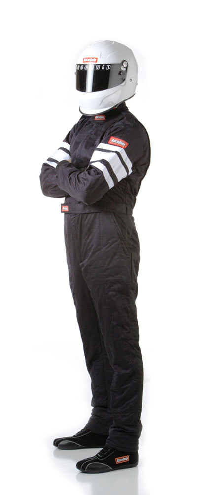 Racequip 120005 Driving Suit, 120 Series, 1-Piece, SFI 3.2A/5, Multiple Layer, Fire Retardant Cotton / Nomex, Black / White Stripe, Large, Each