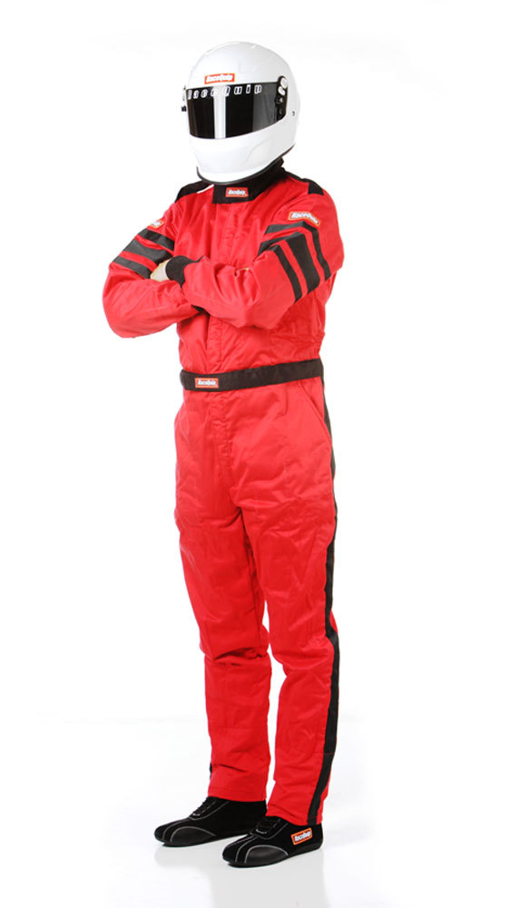 Racequip 120015 Driving Suit, 120 Series, 1-Piece, SFI 3.2A/5, Multiple Layer, Fire Retardant Cotton / Nomex, Red / Black Stripe, Large, Each