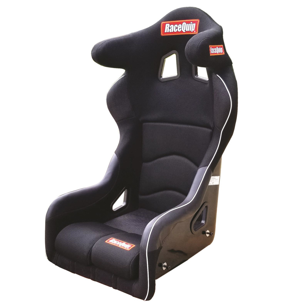 Racequip 96993399 Seat, Non-Reclining, FIA Approved, 15 in Wide, Side Bolsters, Harness Openings, Fiberglass Composite, Fabric, Black, Each
