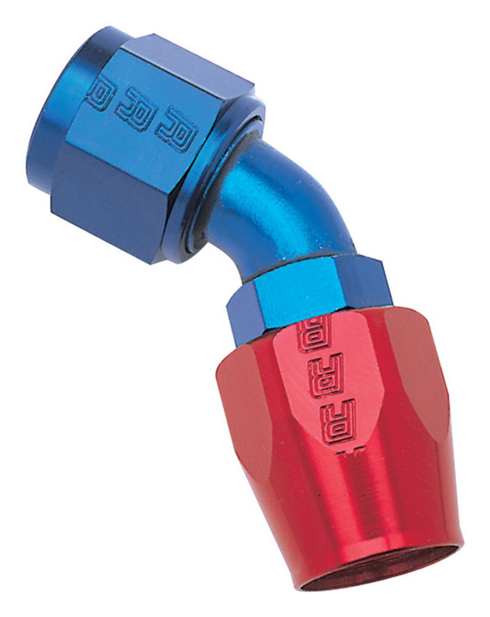 Russell Performance 610080 - Fitting, Hose End, Full Flow, 45 Degree, 4 AN Hose to 4 AN Female, Aluminum, Blue / Red Anodized, Each