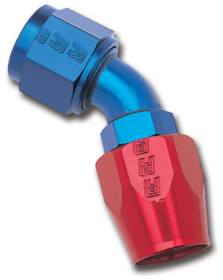 Russell Performance 610090 Fitting, Hose End, Full Flow, 45 Degree, 6 AN Hose to 6 AN Female, Aluminum, Blue / Red Anodized, Each