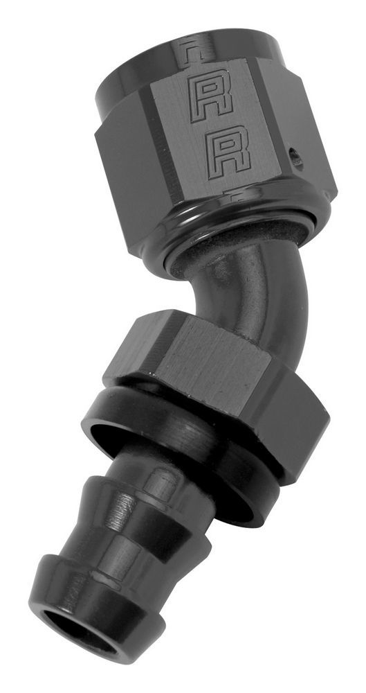 Russell Performance 624083 Fitting, Hose End, Twist-Lok, 45 Degree, 6 AN Hose Barb to 6 AN Female, Aluminum, Black Anodized, Each