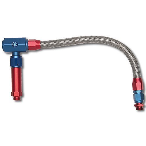 Russell Performance 641250 Carburetor Fuel Line, 3/8 in NPT Female Inlet, 9/16-24 in Dual Outlets, Braided Stainless Hose, Blue / Red / Silver, Demon, Kit