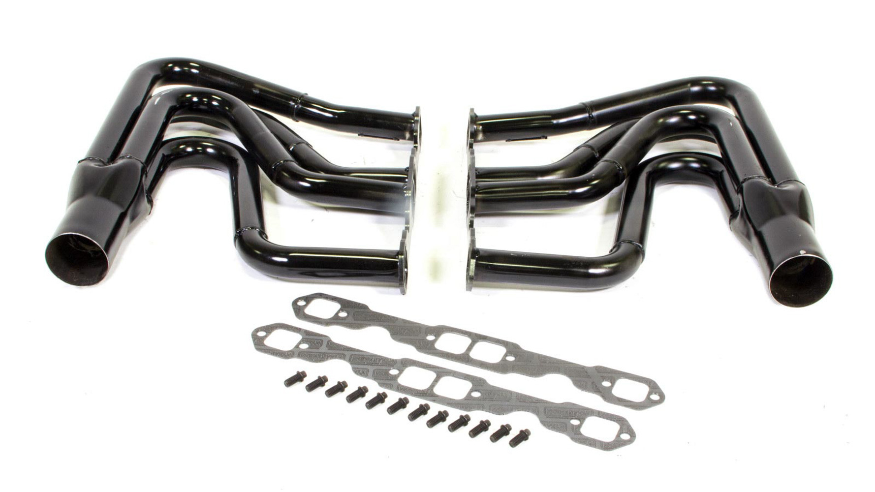 Schoenfeld Headers 1122BVUSH-3 - Headers, DIRT Modified, 1-5/8 to 1-3/4 in Primary, 3 in Collector, Steel, Black Paint, Bicknell / TEO / Troyer Spec Head, Small Block Chevy, Kit