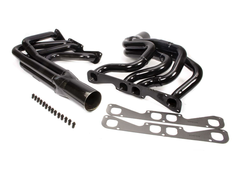 Headers - Street Stock - 1.75 to 1.875 in Primary - 3.5 in Collector - Gaskets / Hardware Included - Steel - Black Paint - Stock Clip - Small Block Chevy - Kit