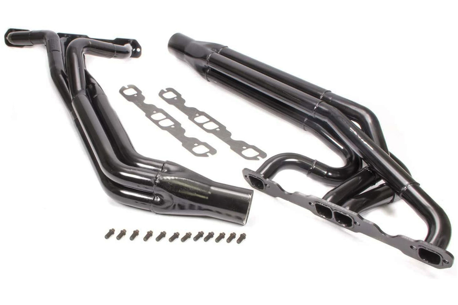 Schoenfeld Headers 180-606LV23GCM-3 - Headers, Dirt Late Model, 1-1/2 to 1-7/8 in Primary, 3 in Collector, Steel, Black Paint, Small Block Chevy, Kit