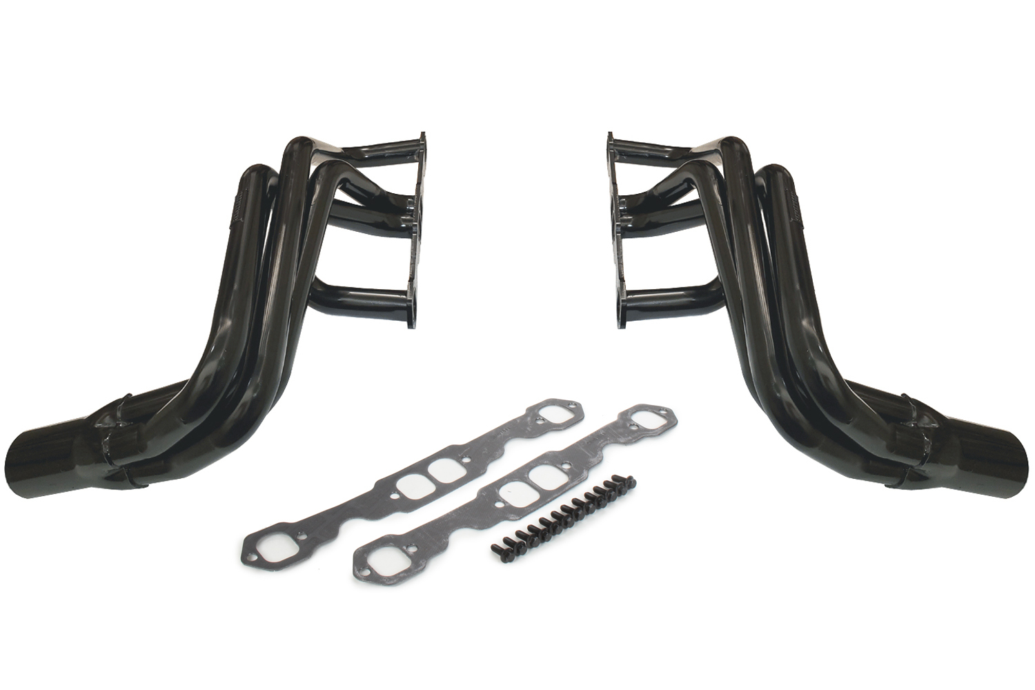 Schoenfeld Headers 198A - Headers, IMCA-UMP Stock Car, 1-3/4 in Primary, 3 in Collector, S-10 Forward Exit, Steel, Black Paint, Small Block Chevy, Kit