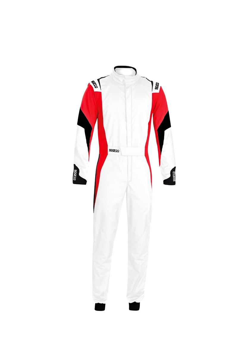 Sparco 001144B54BRNR Driving Suit, Competition, 1-Piece, SFI 3.2A/5, FIA Approved, Triple Layer, Fire Retardant Fabric, Boot Cut, White / Red, Size 54, Medium / Large, Each