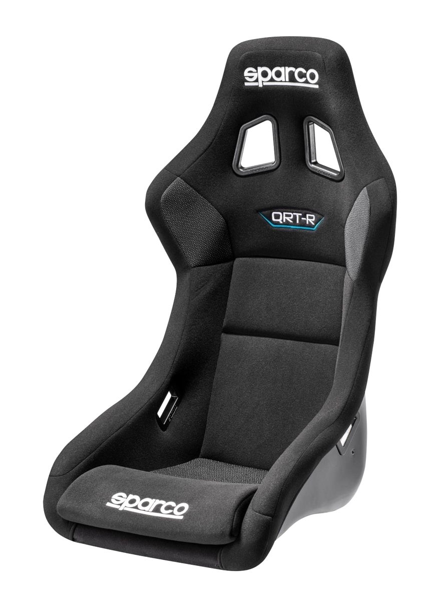 Sparco 008012RNR Seat, QRT-R, Non-Reclining, FIA Approved, Side Bolsters, Harness Openings, Fiberglass Composite, Fire-Retardant Non-Slip Fabric, Cloth, Black, Each