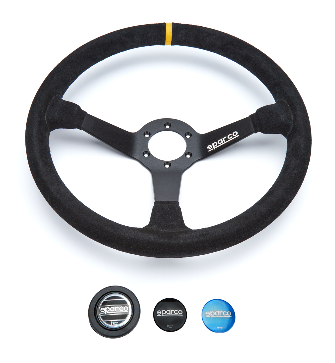 Sparco 015R368MSN Steering Wheel, R 386, 380 mm Diameter, 65 mm Dish, 3-Spoke, Black Suede Grip, Aluminum, Black Anodized, Each