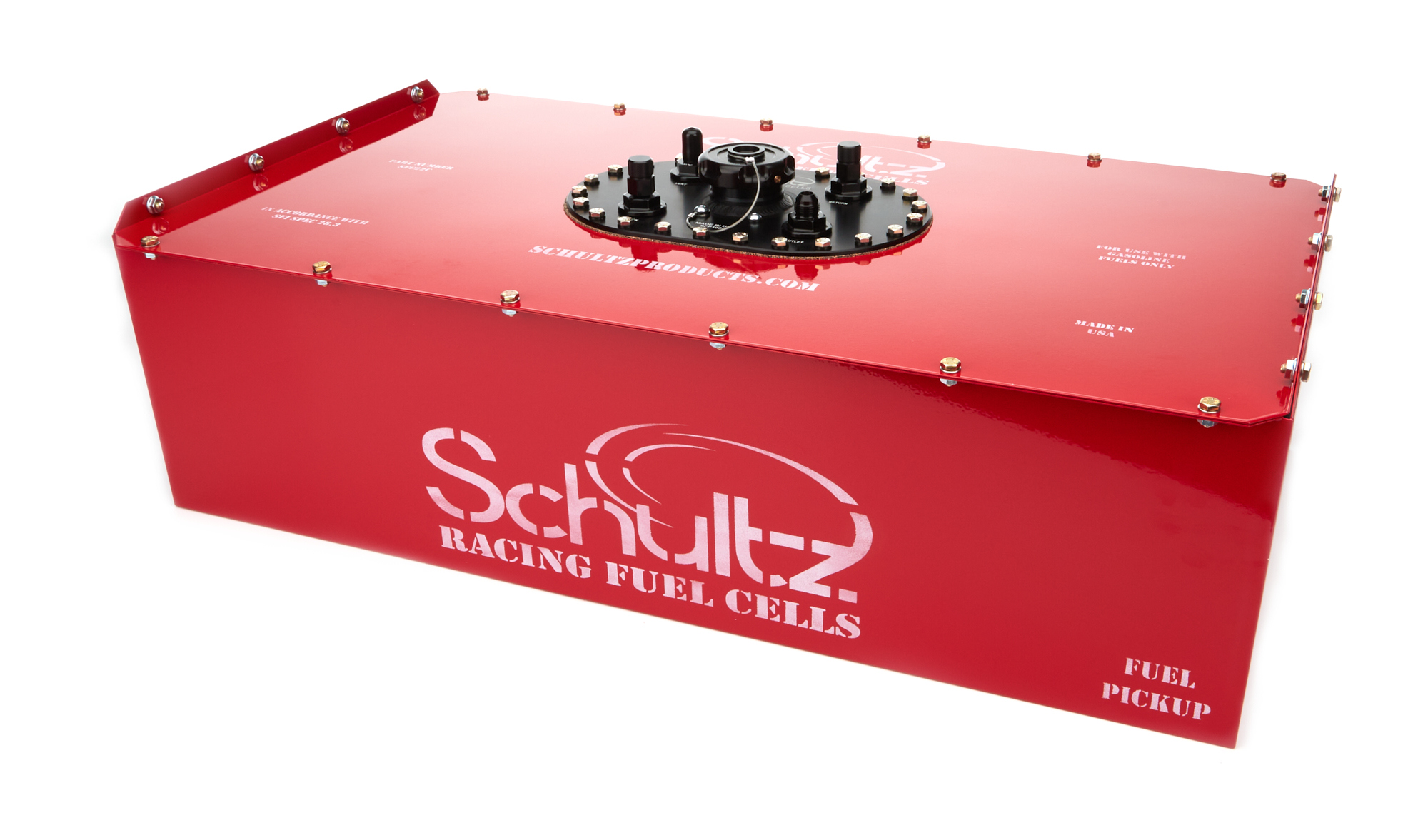 Schultz SFC22C Fuel Cell, Ultimate Series, 22 gal, 34 in Wide x 17.5 in Deep, 9.5 in Tall, 8 AN Male Outlet, 8 AN Return, 6 AN Vent, Steel, Red Powder Coat, Each