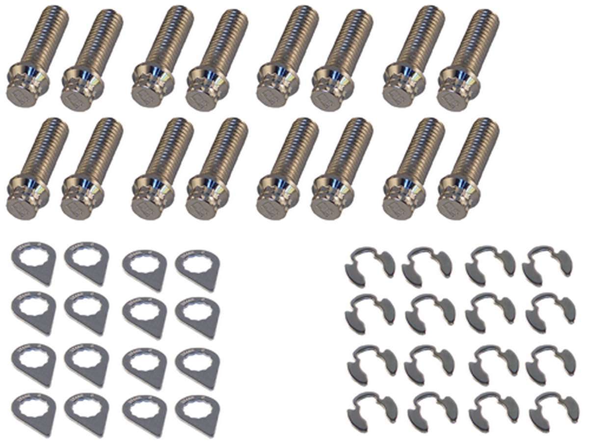 Stage 8 Fasteners 8913B Header Bolt, Locking, 3/8-16 in Thread, 1.250 in Long, 12 Point Head, Steel, Nickel Plated, Small Block Ford, Set of 16