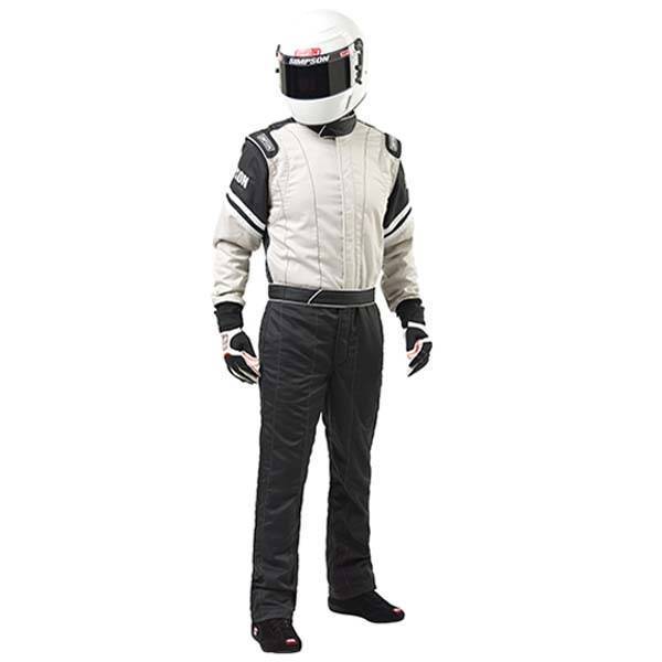 Simpson Safety L205271 Driving Suit, Legend ll, 1-Piece, SFI 3.2A/1, Single Layer, Fire Retardant Cotton, Gray / Black, White Stripes, Medium, Each