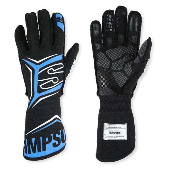 Simpson MGLB Driving Gloves, Magnata, SFI 3.5/5, Double Layer, Nomex / Mesh, Elastic Cuff, Black / Blue, Large, Pair