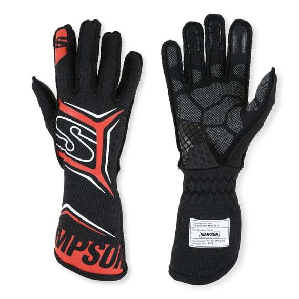 Simpson MGLR Driving Gloves, Magnata, SFI 3.5/5, Double Layer, Nomex / Mesh, Elastic Cuff, Black / Red, Large, Pair