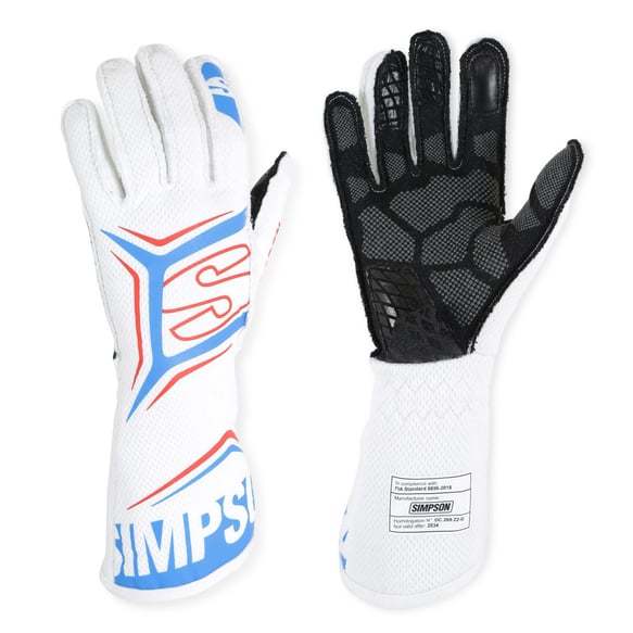 Simpson MGLW Driving Gloves, Magnata, SFI 3.5/5, Double Layer, Nomex / Mesh, Elastic Cuff, White / Blue, Large, Pair
