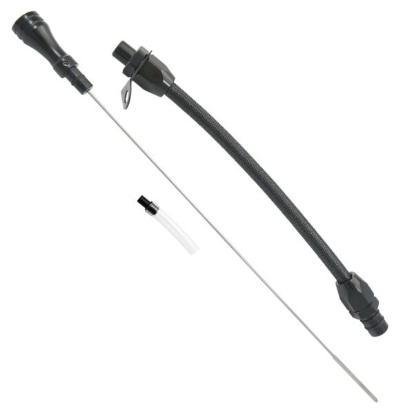 Transmission Dipstick - Transmission Mount - Flexible - OEM Length - Braided Stainless - Aluminum - Black Anodized - 700R4 - Each