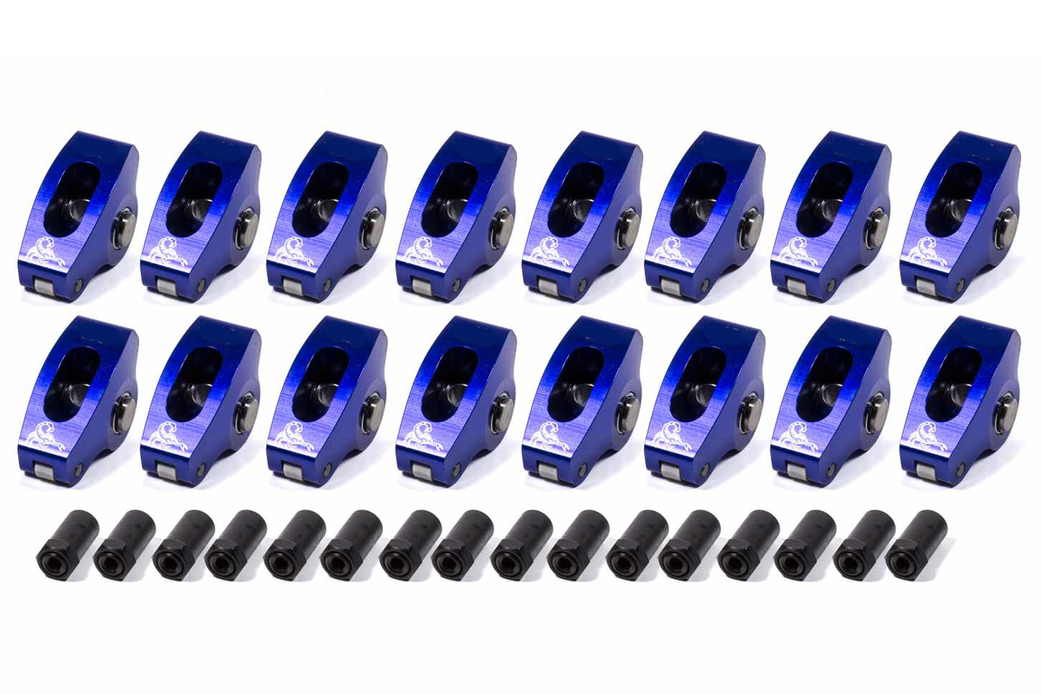 Scorpion Rockers 1002 Rocker Arm, Race Series, 3/8 in Stud Mount, 1.60 Ratio, Full Roller, Aluminum, Blue Anodized, Small Block Chevy, Set of 16