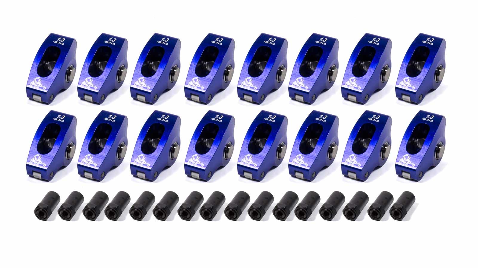 Scorpion Rockers 1004 Rocker Arm, Race Series, 3/8 in Stud Mount, 1.30 Ratio, Full Roller, Aluminum, Blue Anodized, Small Block Chevy, Set of 16